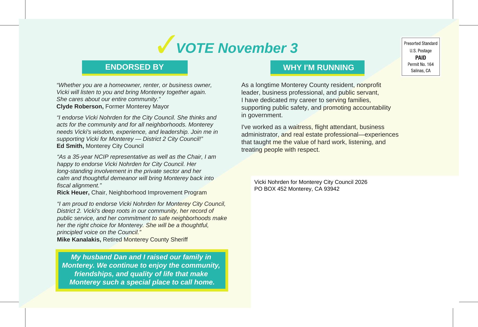 Vicki Nohrden campaign card, back: endorsements and why I'm running