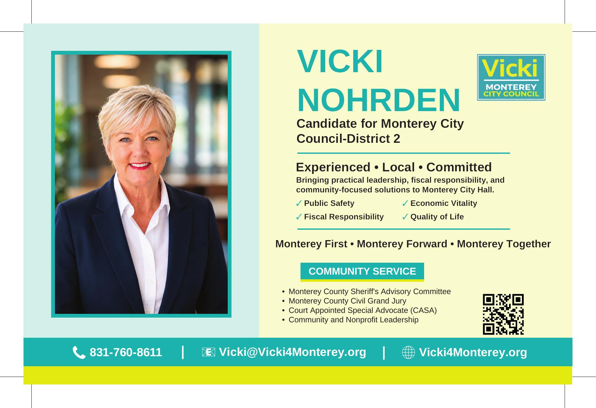 Vicki Nohrden campaign card, front: Candidate for Monterey City Council District 2